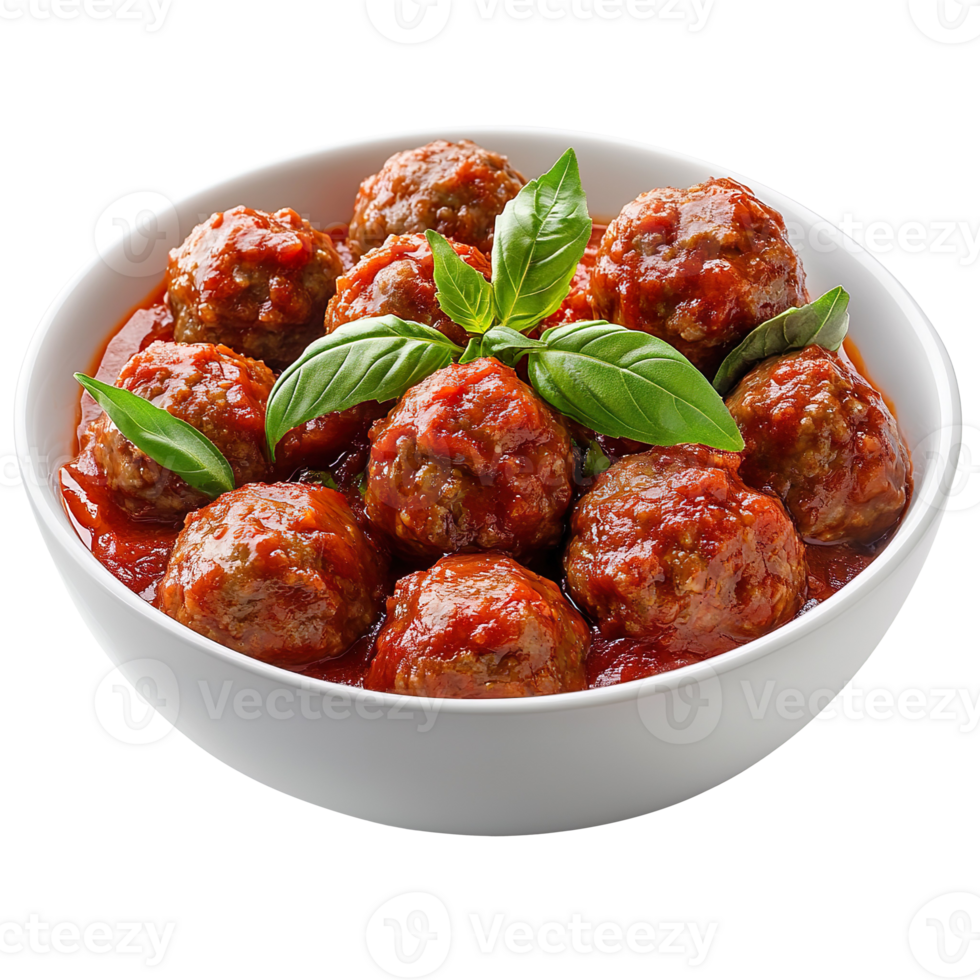 Delicious Italian Meatballs in Red Sauce with Basil isolated on transparent background png