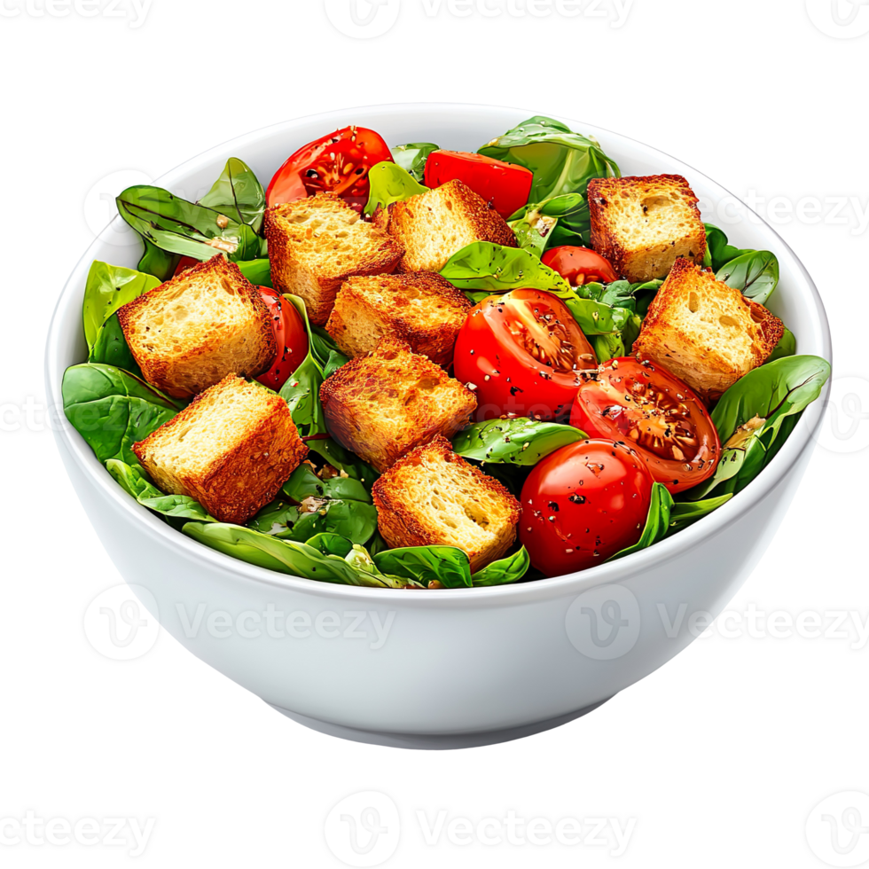 Delicious Salad With Croutons and Tomatoes in Bowl isolated on transparent background png