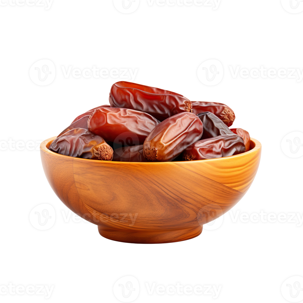 dried dates on a wooden bowl isolated on transparent background png