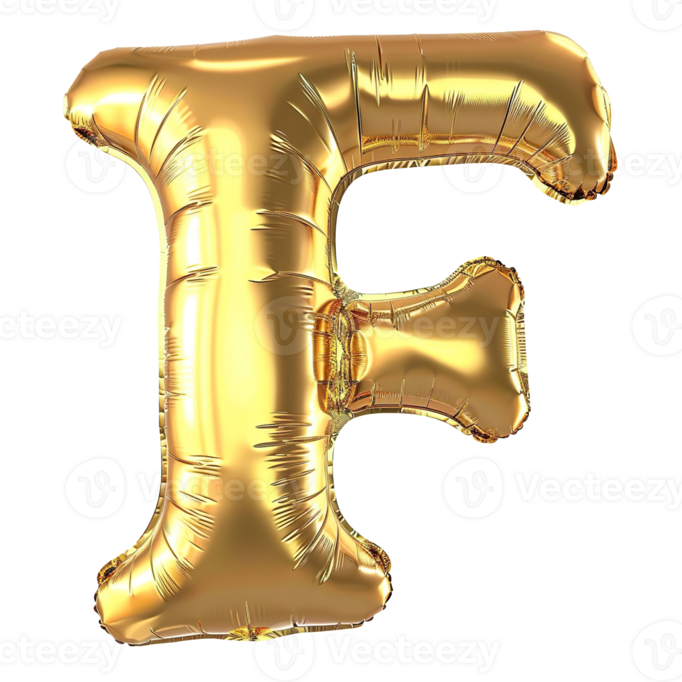 English Letter F made with gold foil balloon isolated on transparent background png