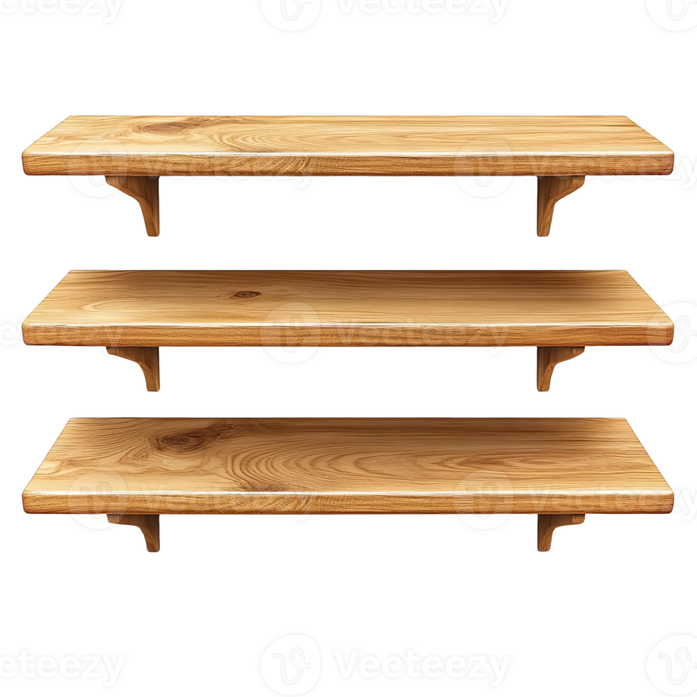 Empty wooden shelves isolated on transparent background png