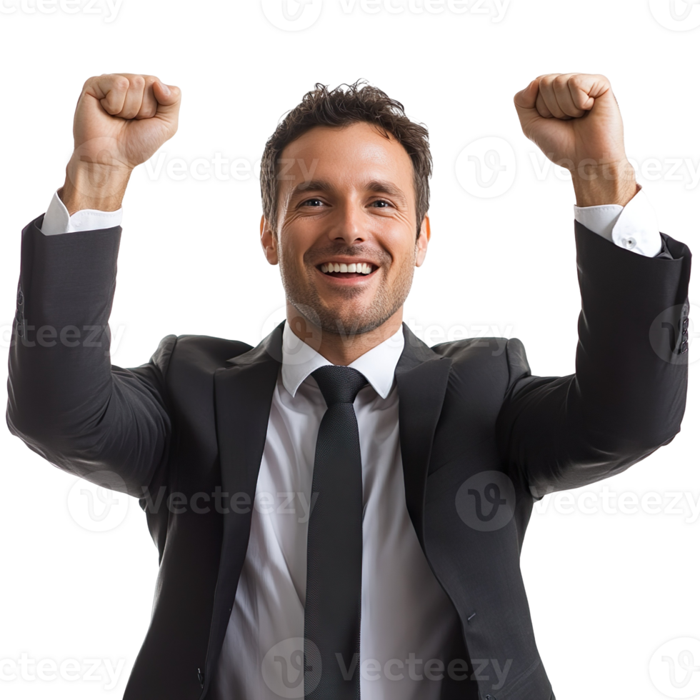Exultant businessman with arms raised isolated on transparent background png