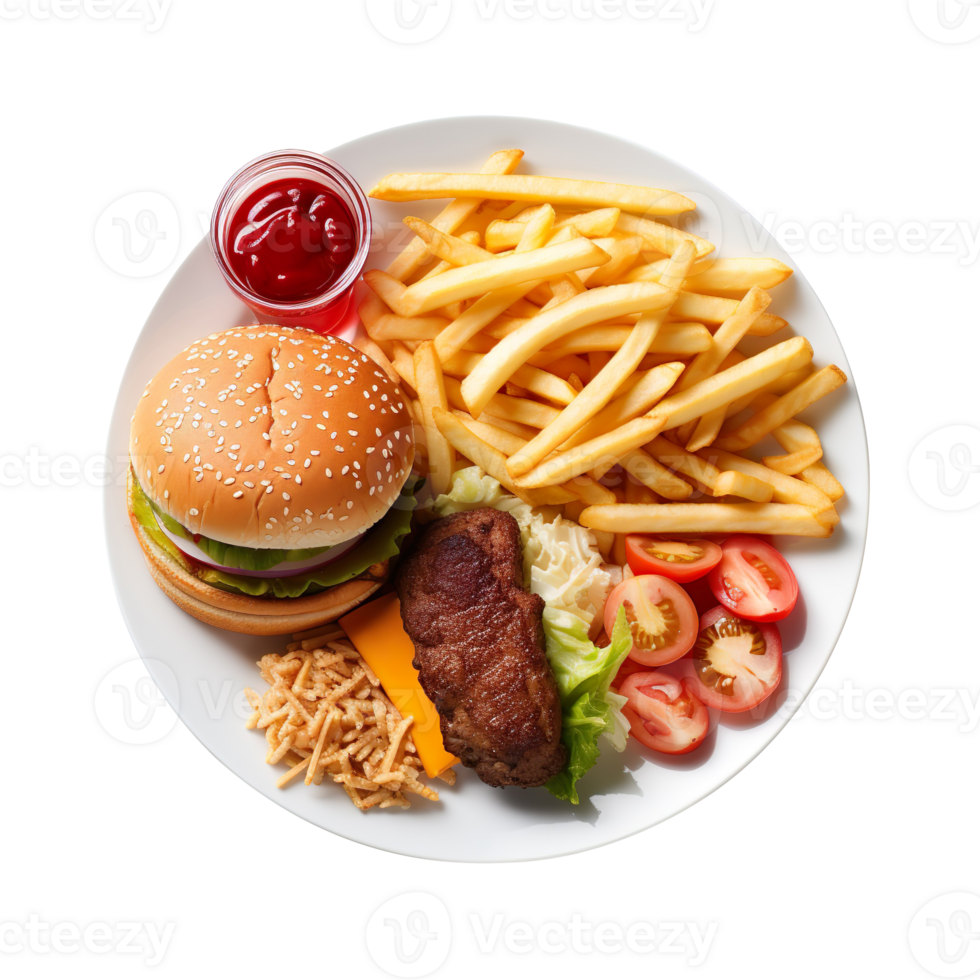 Fast food meal on white plate isolated on transparent background png
