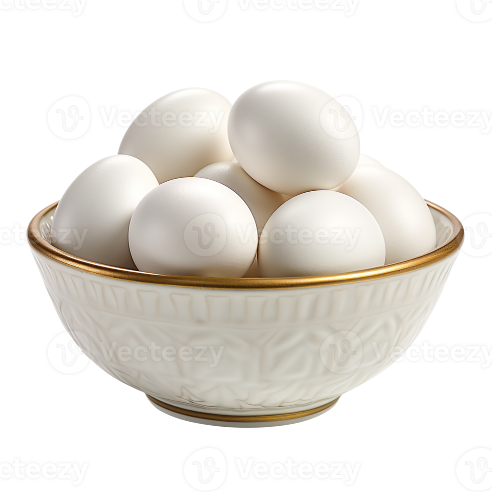 Fresh white eggs in a white bowl isolated on transparent background png