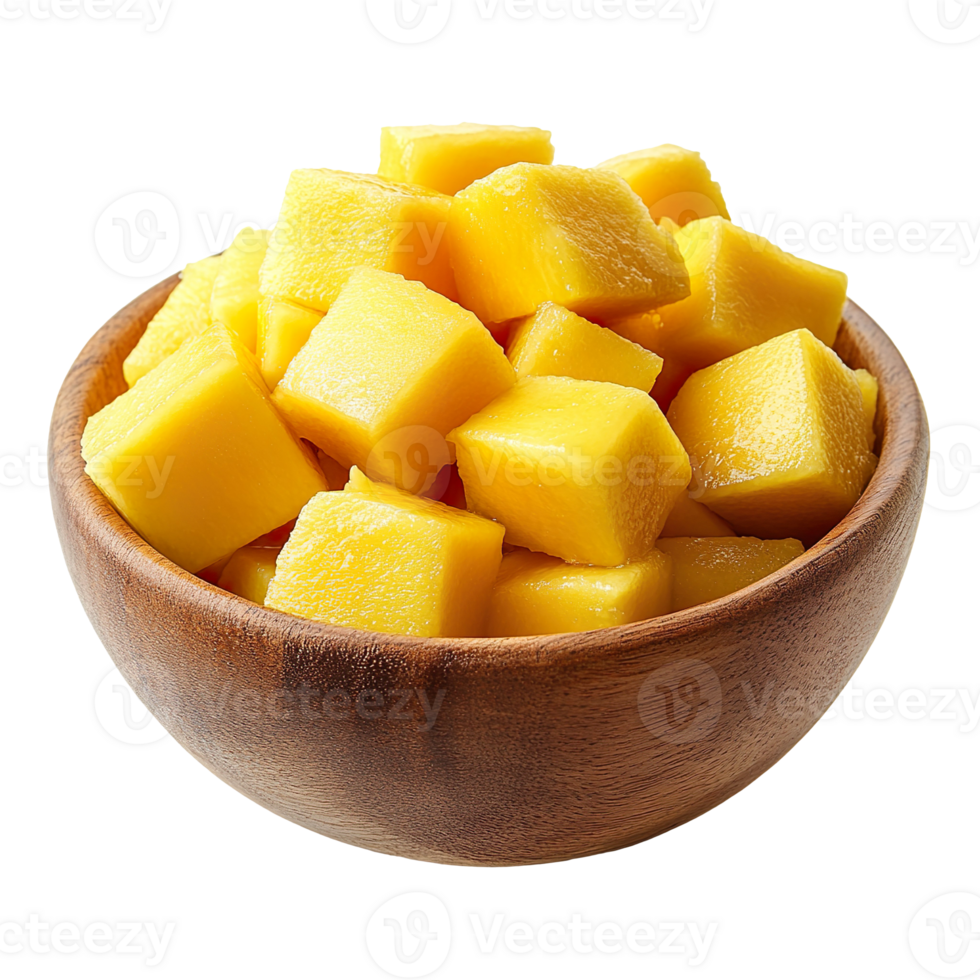 fresh mango cubes in a wooden bowl isolated on transparent background png