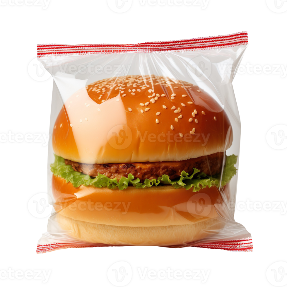 Fresh tasty burger bun in a plastic bag isolated on transparent background png