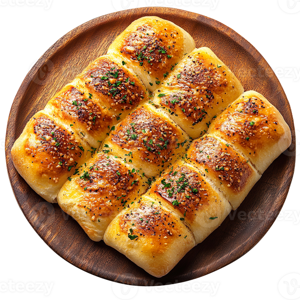 Garlic breads on wooden plate isolated on transparent background png