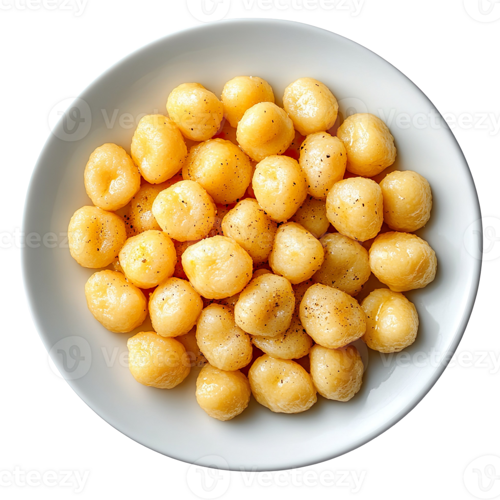 Gnocchi on white plate top view isolated on transparent background png