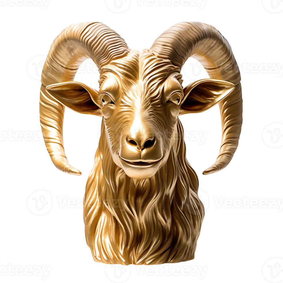 Golden head of a goat statue isolated on transparent background png