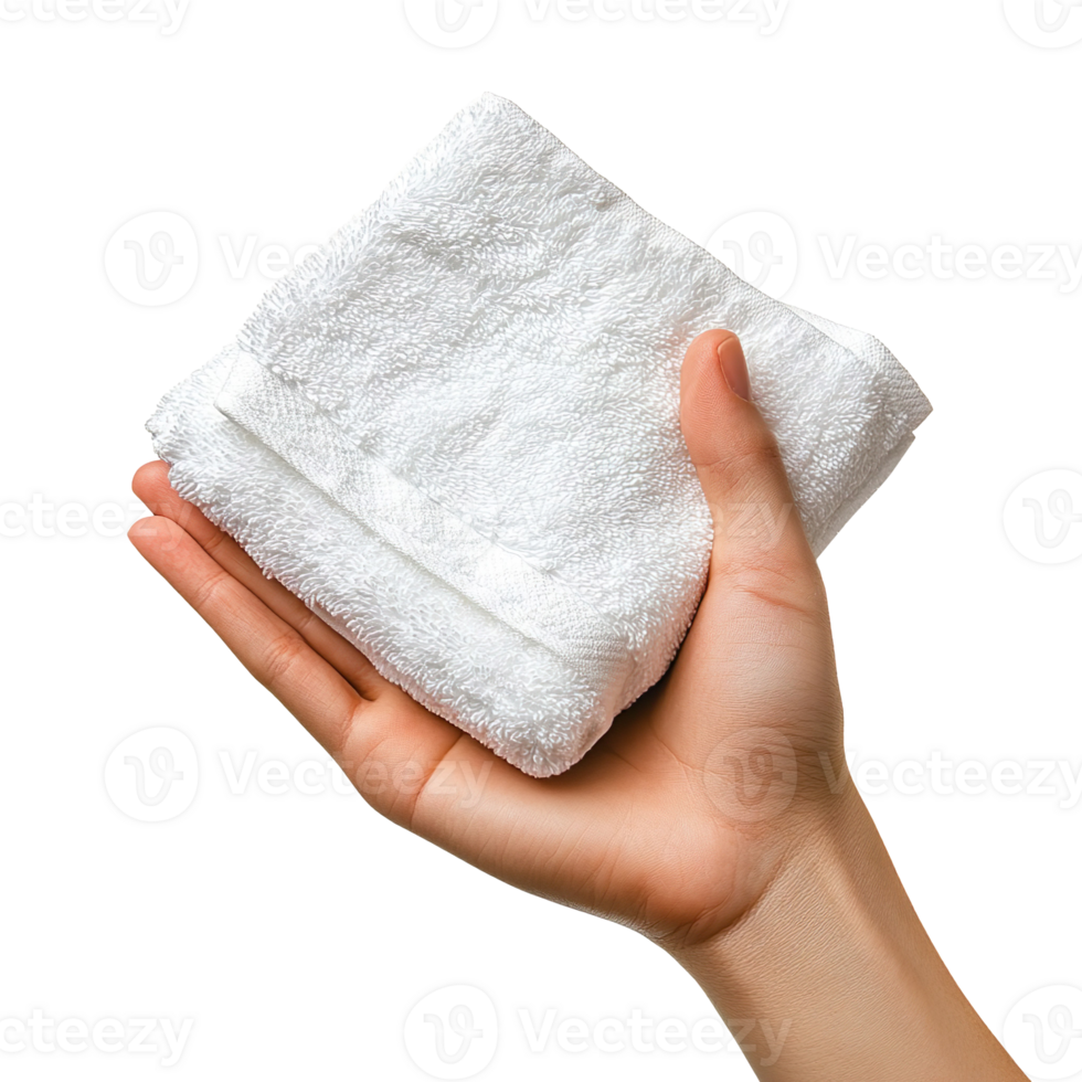 hand holding a white towel isolated on transparent background png