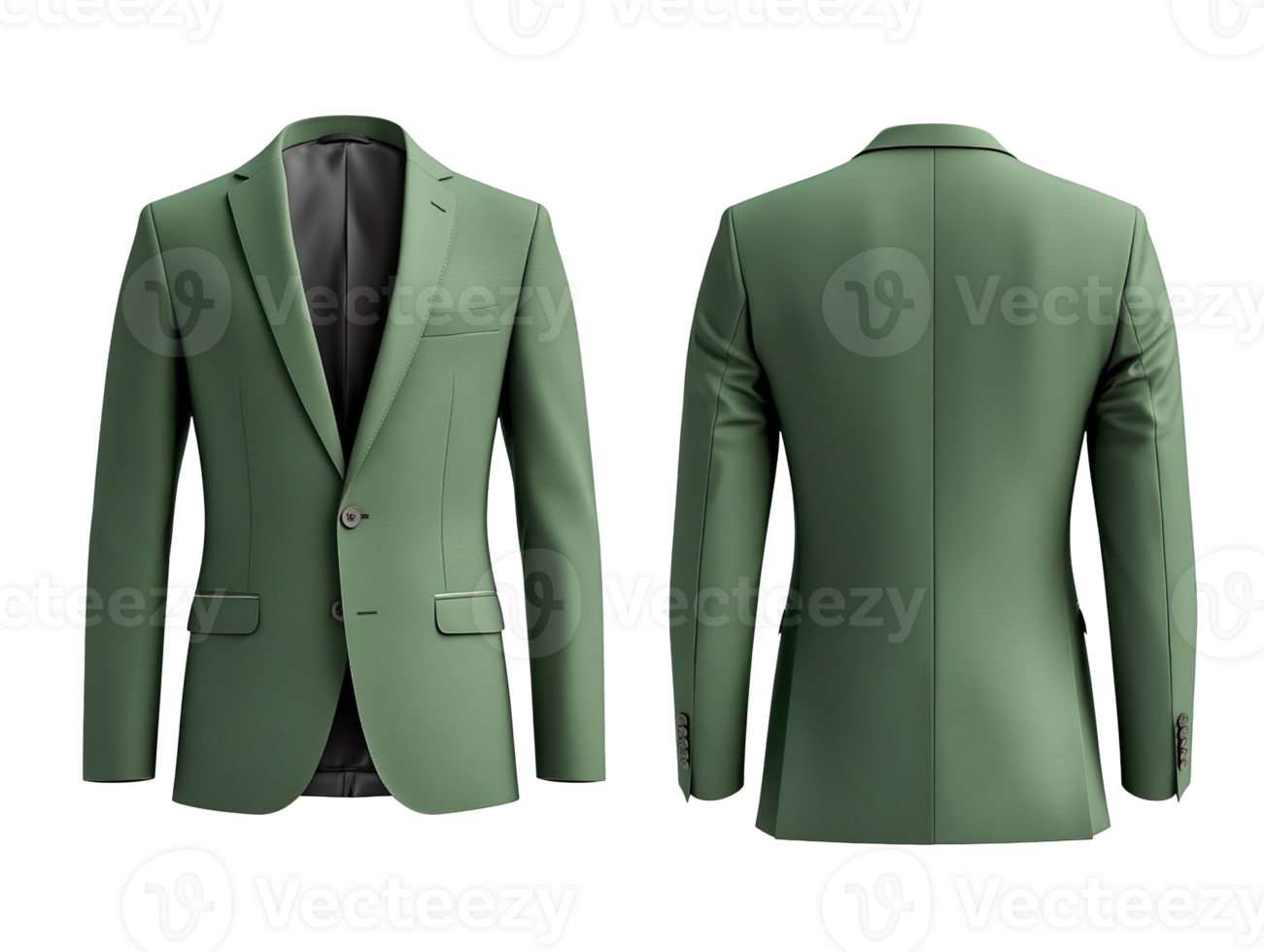 Green suit jacket, front and back view, mockup isolated on a transparent background png