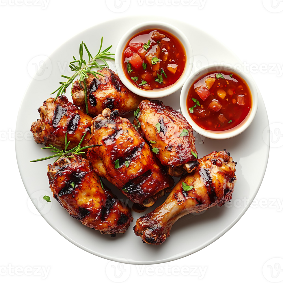 Grilled chicken wings with sauce on a plate isolated on transparent background png