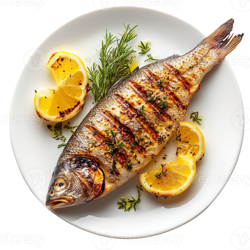 Grilled Fish with Herbs on a White Plate isolated on transparent background png