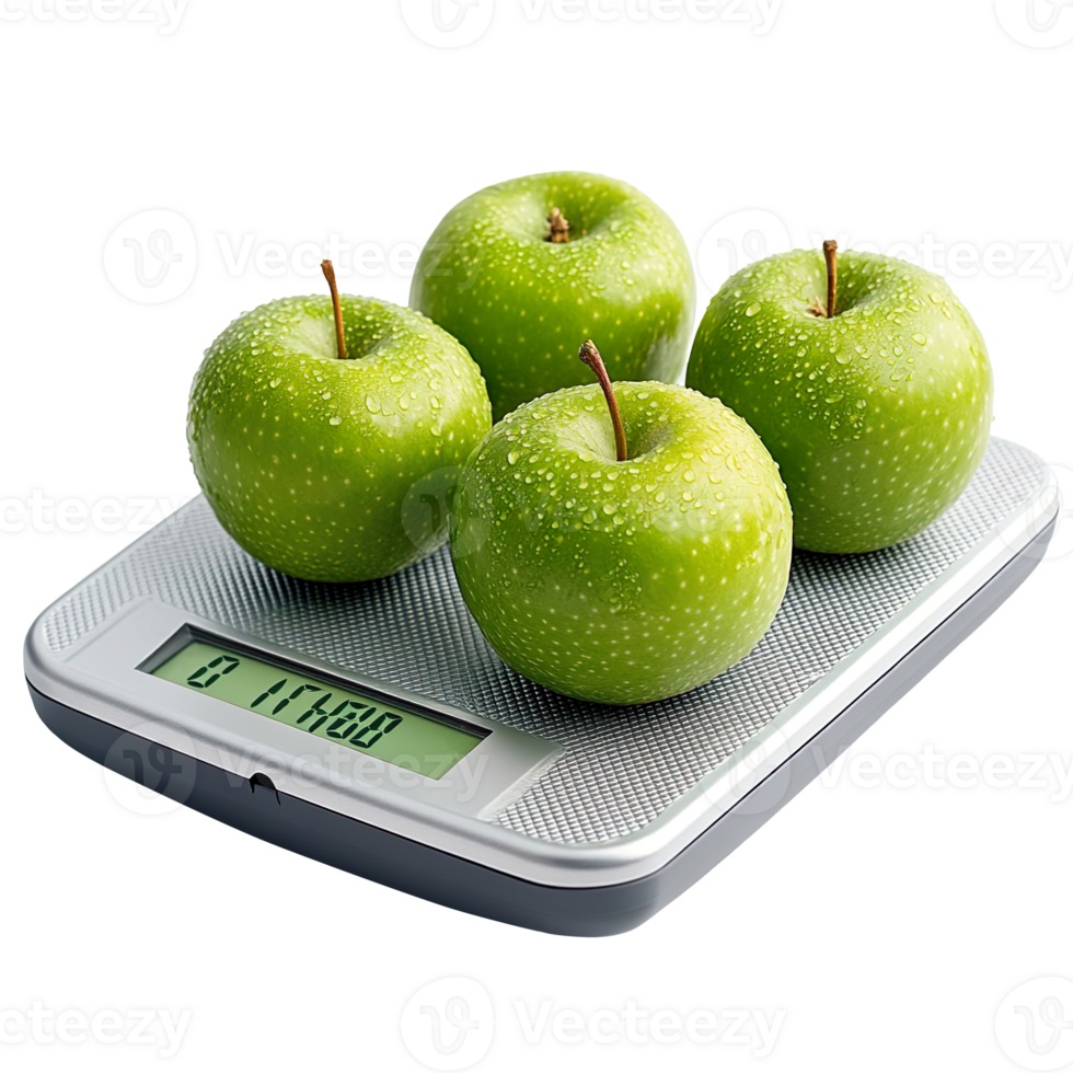 Green apples on digital weight scale isolated on transparent background png
