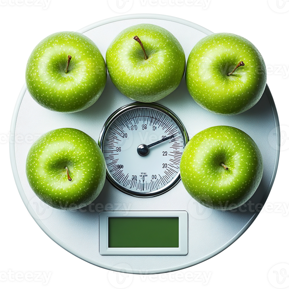 Green apples on digital weight scale isolated on a transparent background png