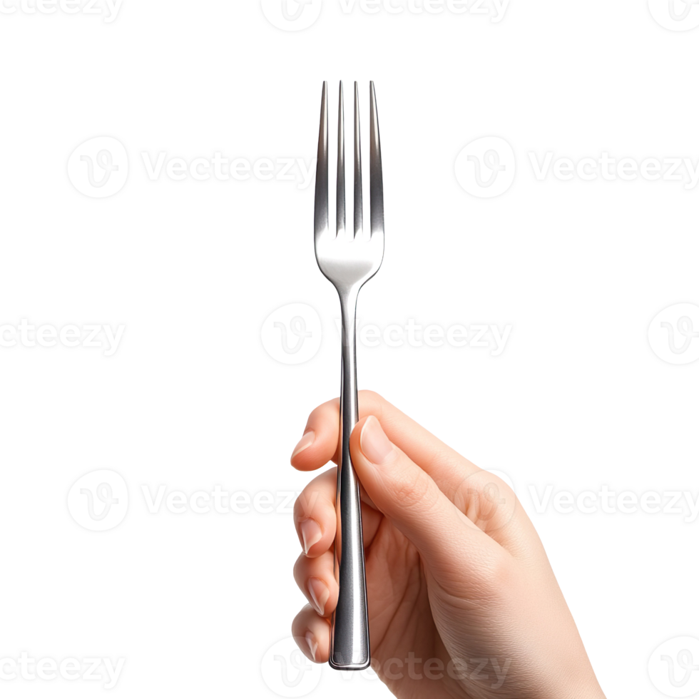 Hand holding metal fork isolated on transparent background png