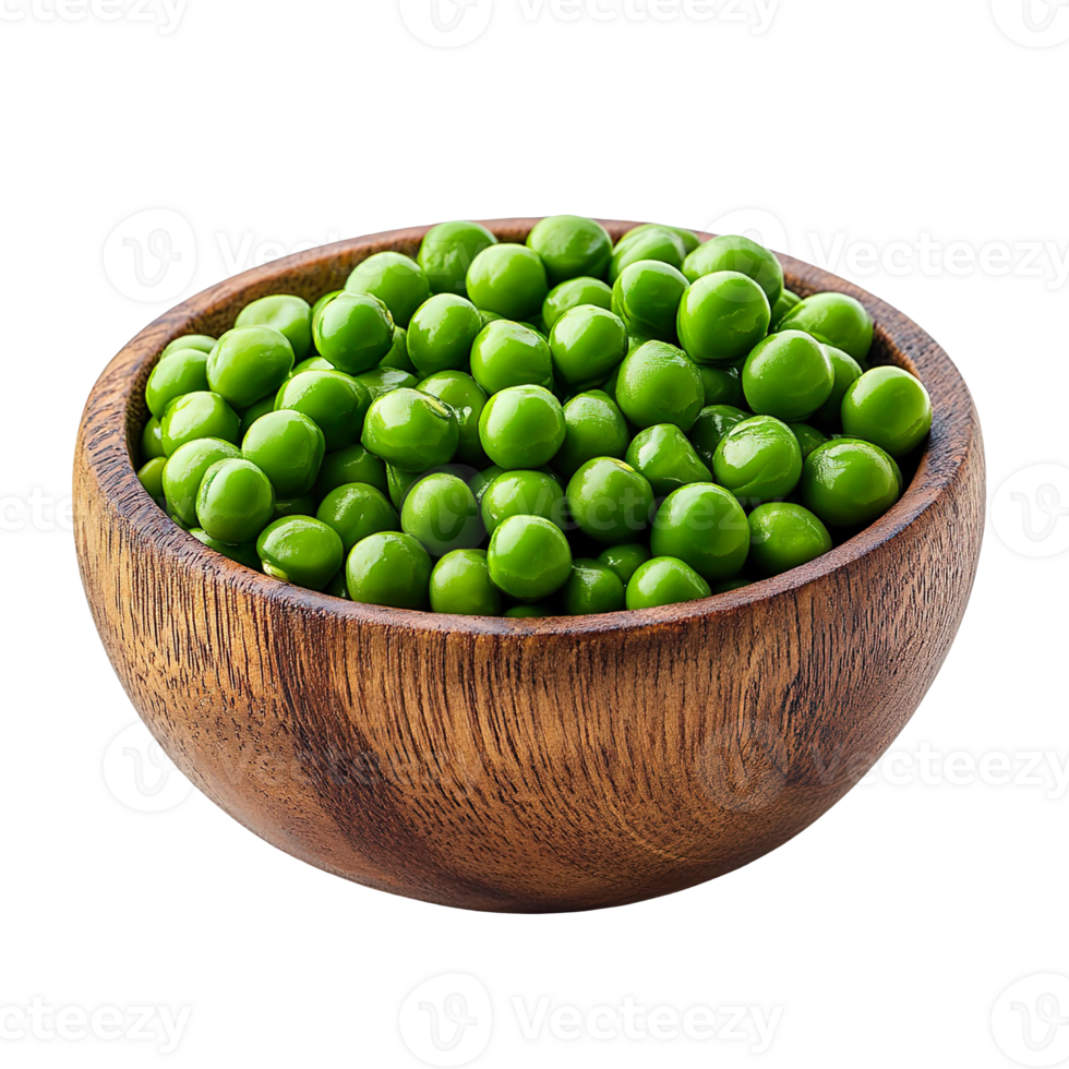 Green peas in wooden bowl isolated on transparent background png