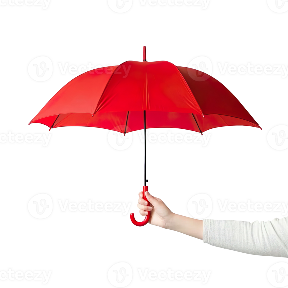 Hand holding red color umbrella isolated on transparent background png
