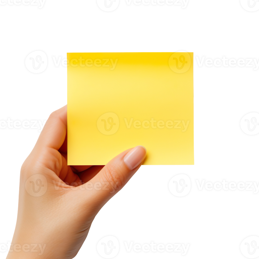 Hand holding yellow sticky note isolated on transparent background png