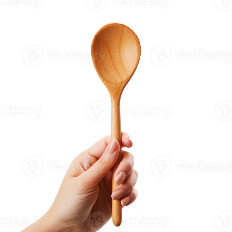 Hand holding wooden spoon isolated on transparent background png