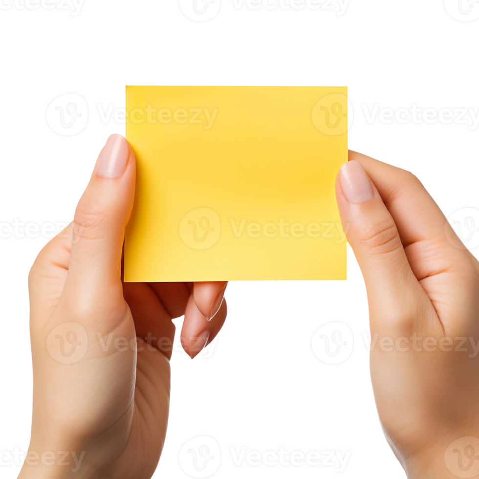Hand holding a yellow sticky note isolated on transparent background png