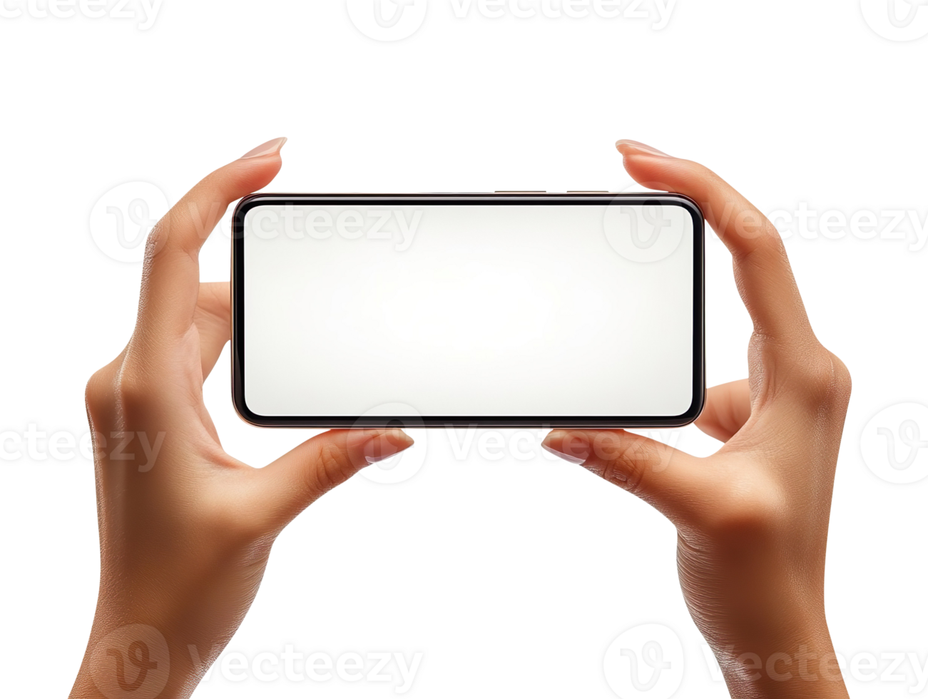 Hands Holding Smartphone Horizontally with Blank Screen isolated on a transparent background png