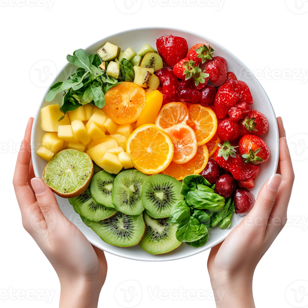 hands holding a plate with vegetables and fruit isolated on transparent background png