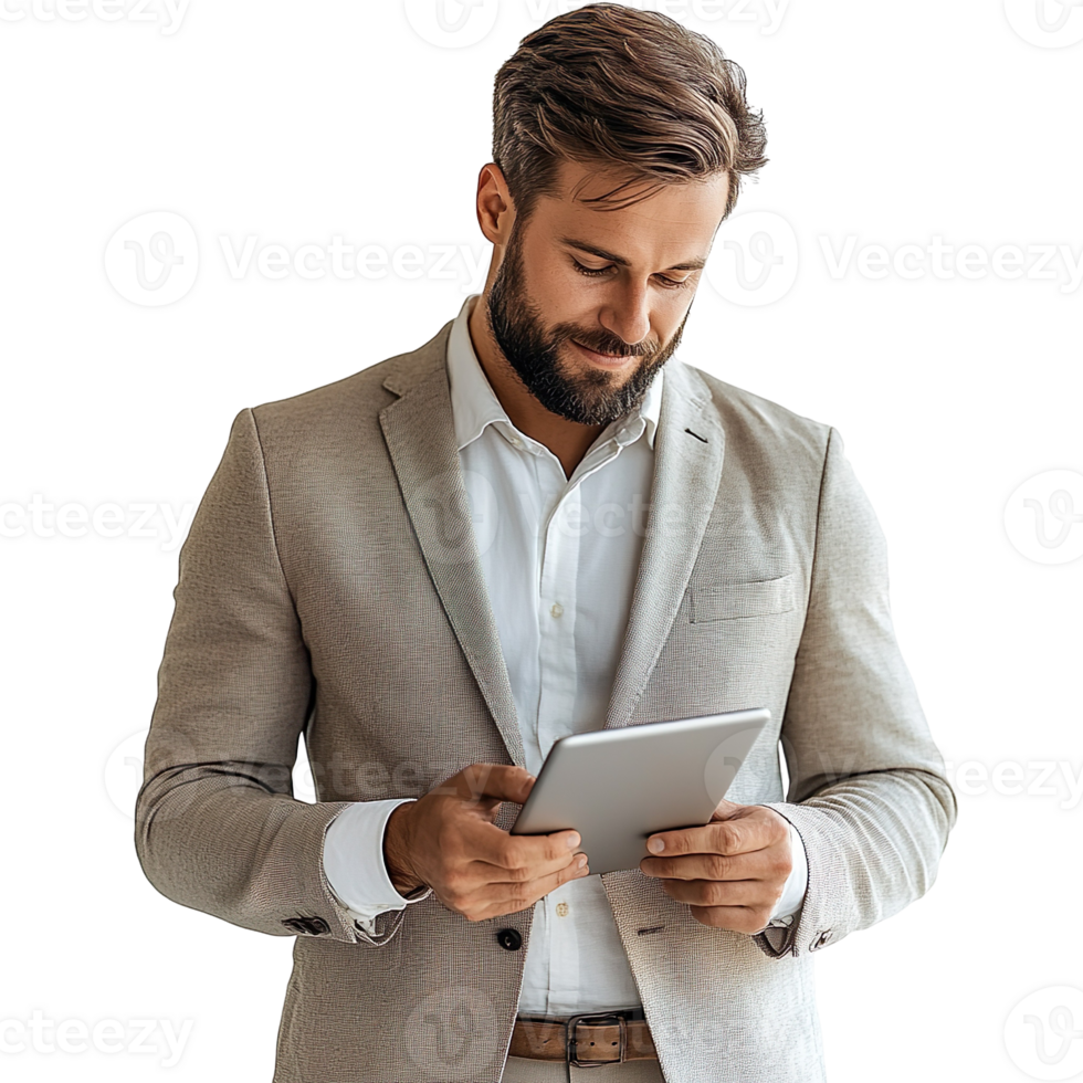 Handsome businessman using his tablet isolated on a transparent background png