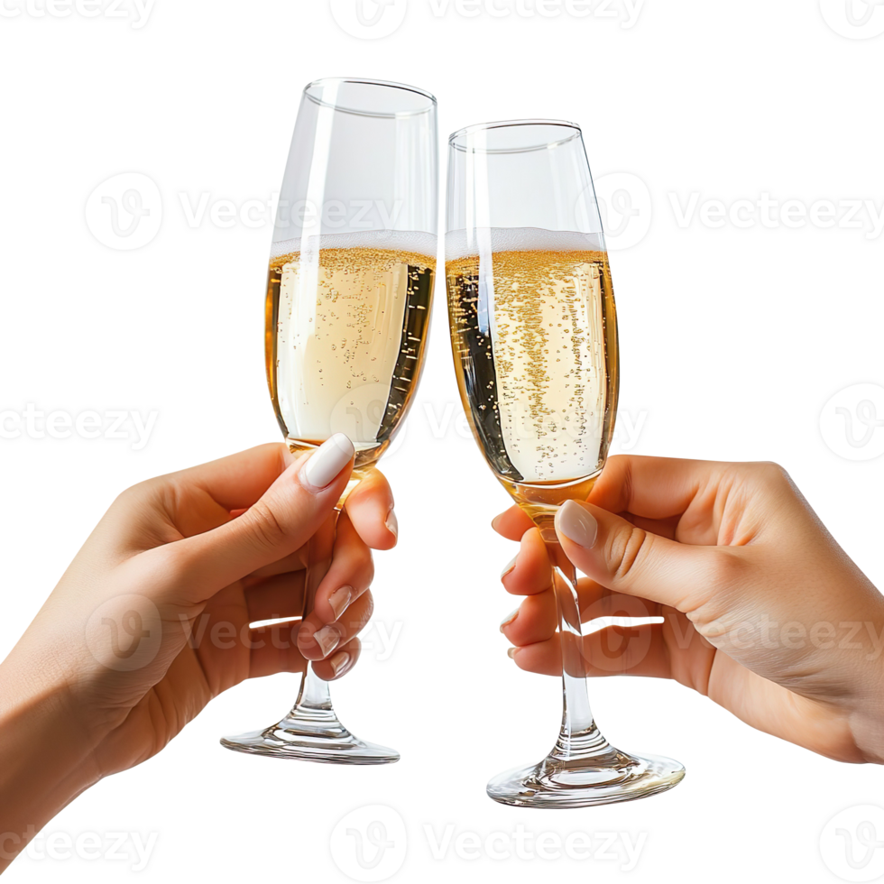 Hands toasting with champagne glasses isolated on transparent background png