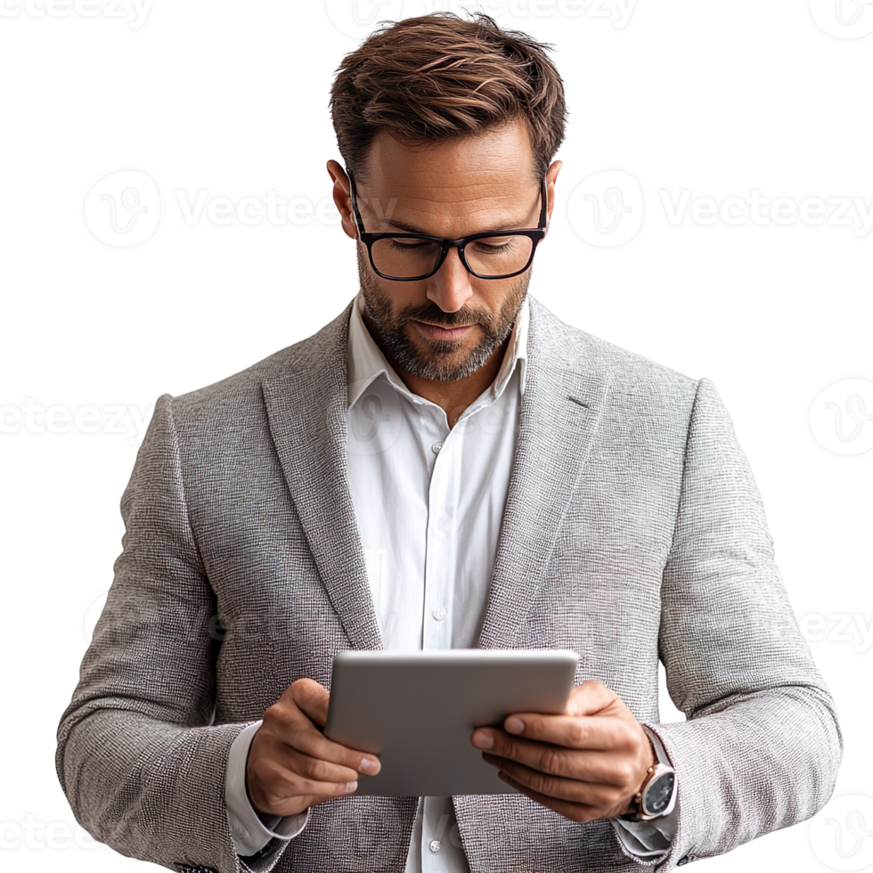 Handsome businessman using his tablet isolated on transparent background png