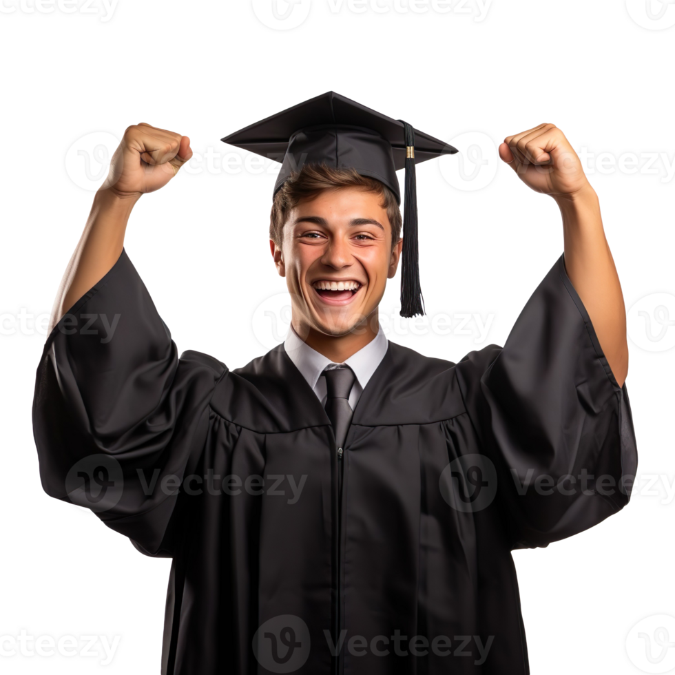 Happy young man in graduation gown and cap celebrating success isolated on a transparent background png