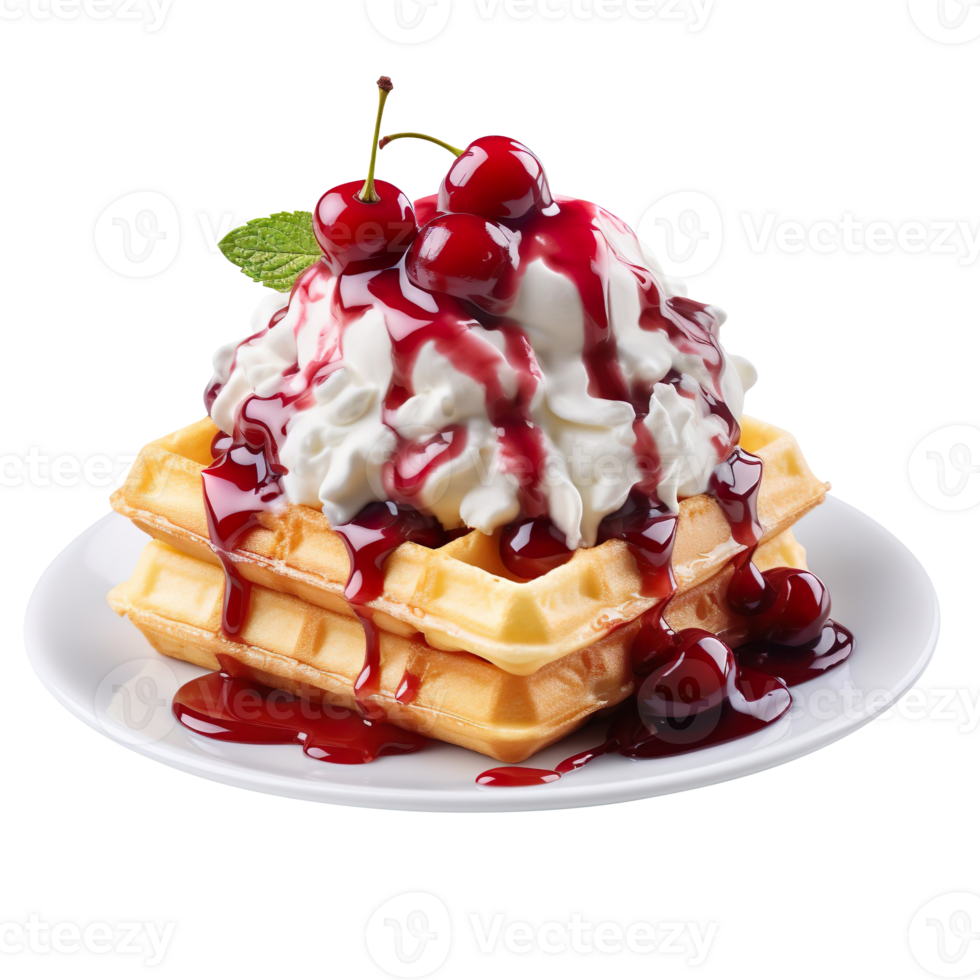 Ice cream with cherry jam on waffle isolated on transparent background png