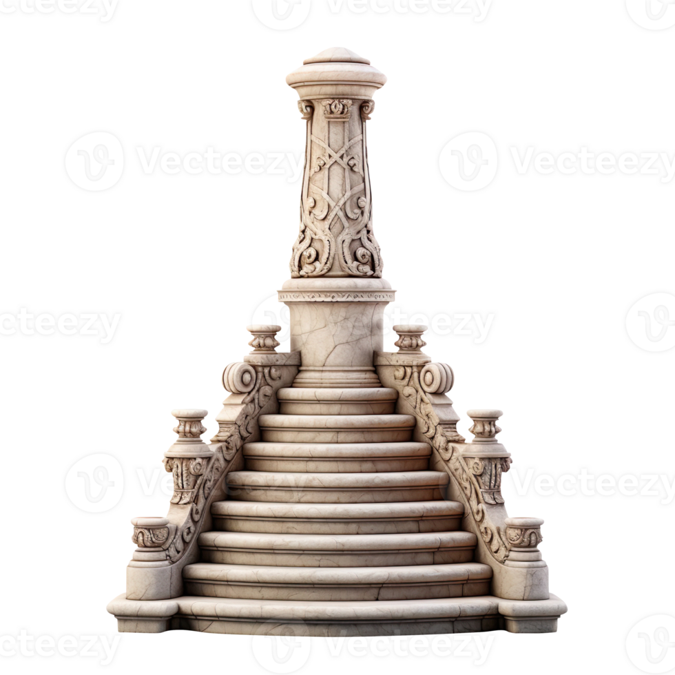 High stone trapeze tower on a pedestal of steps close-up isolated on transparent background png