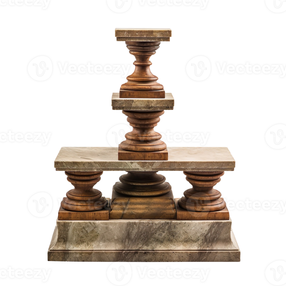 High stone trapeze tower on a pedestal of steps isolated on transparent background png