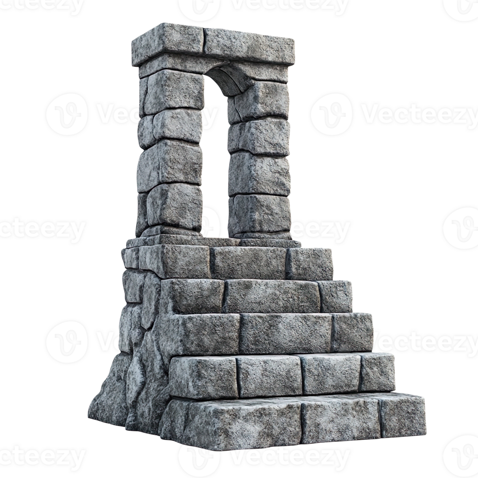 High stone trapeze tower on a pedestal of steps isolated on a transparent background png