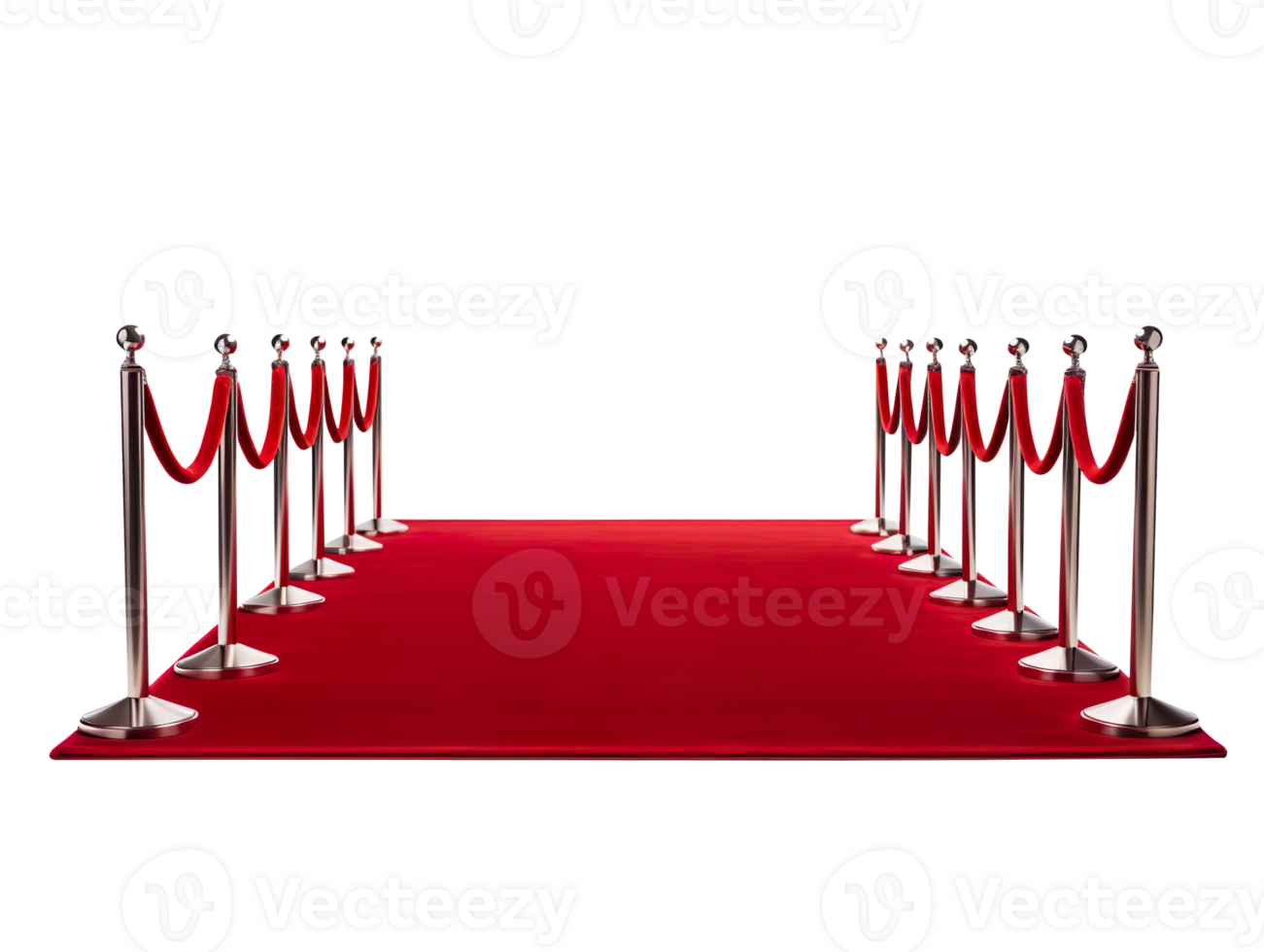 Long red carpet between rope barriers isolated on transparent background png