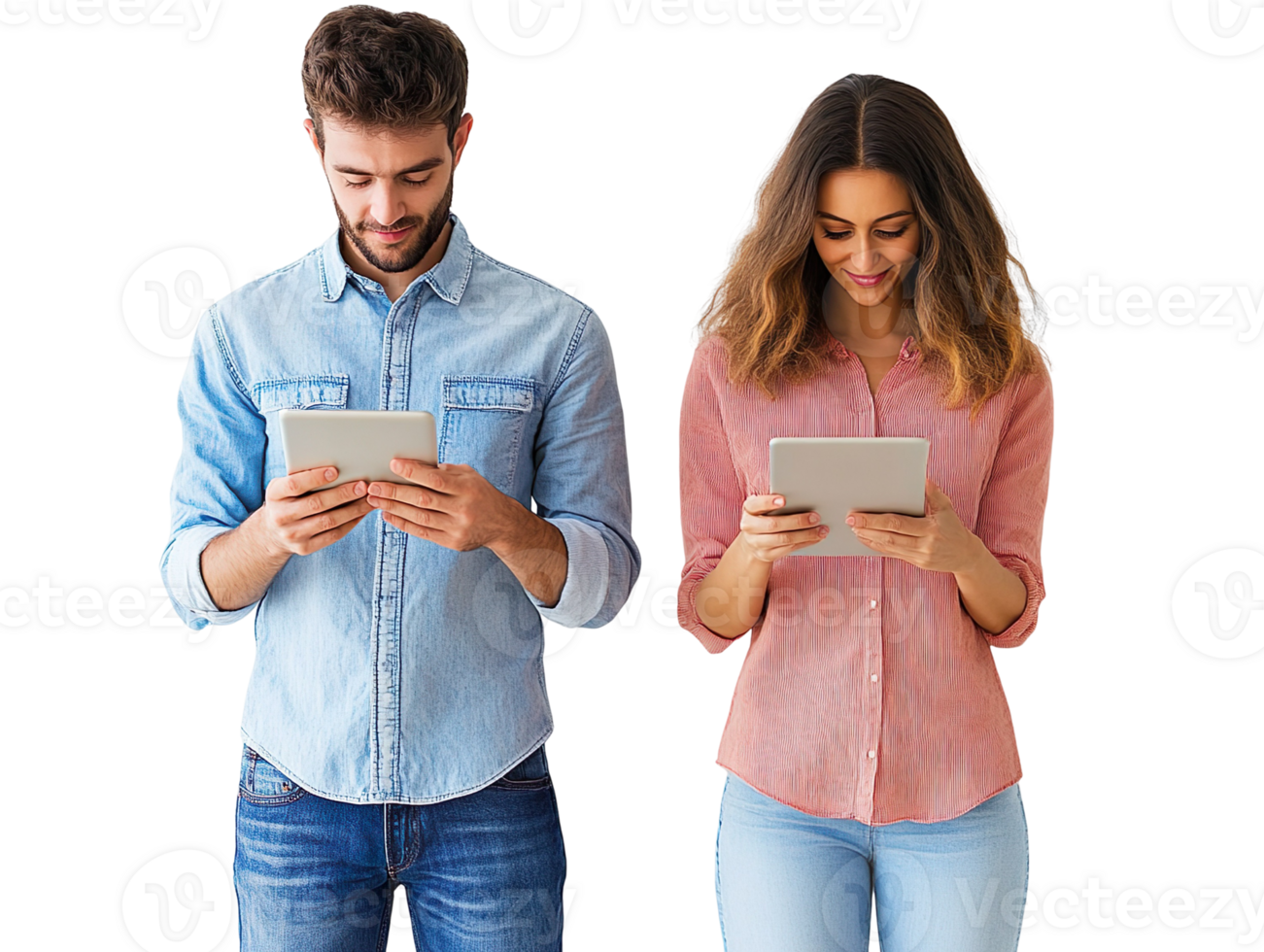 Male and female colleagues using the internet on a tablet isolated on transparent background png