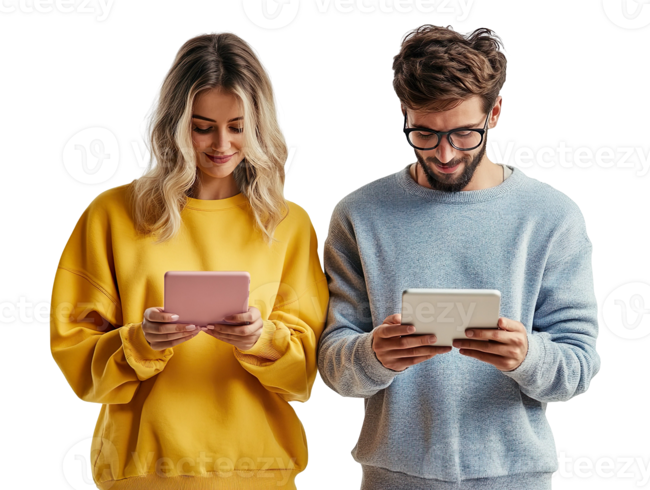 Male and female colleagues using the internet on a tablet isolated on a transparent background png