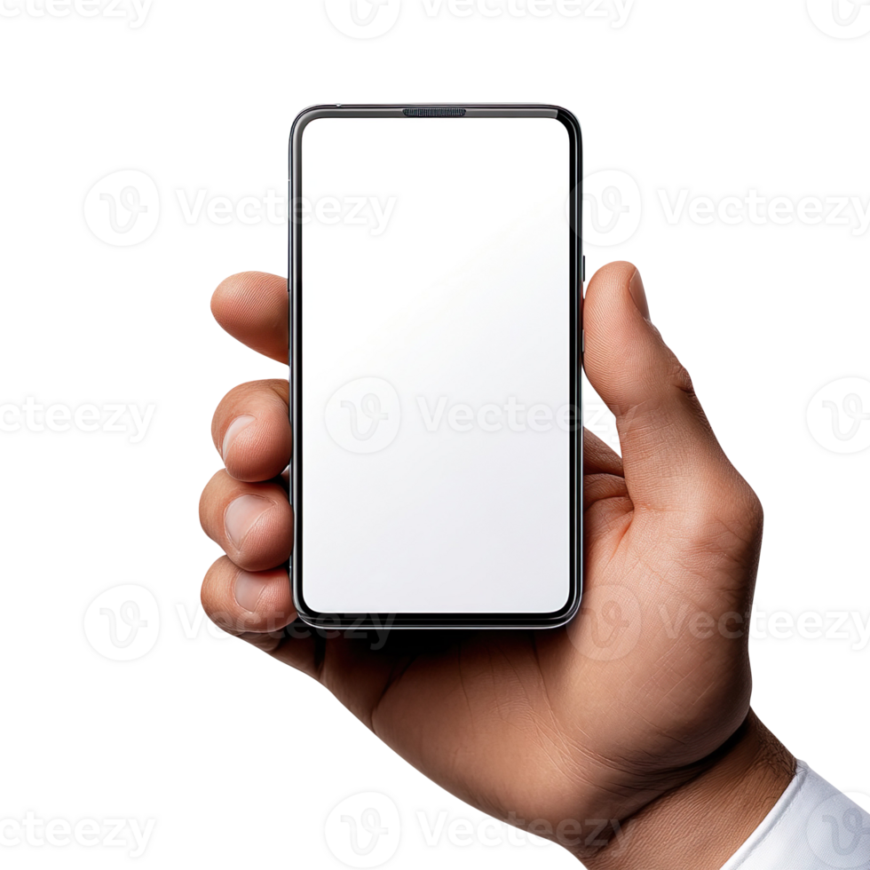 man hand holding a smartphone with a white screen isolated on transparent background png