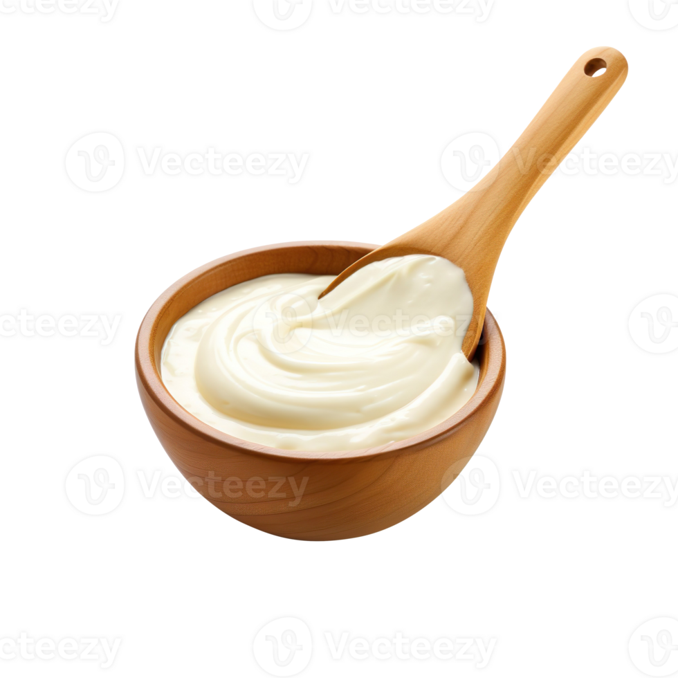 Mayonnaise sauce in wooden spoon isolated on transparent background png