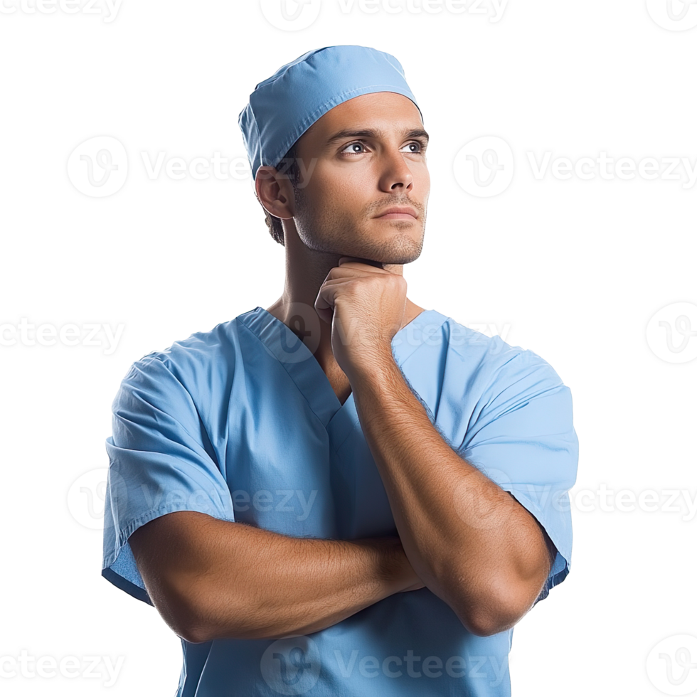 Male doctor wearing scrubs in thinkers pose isolated on transparent background png