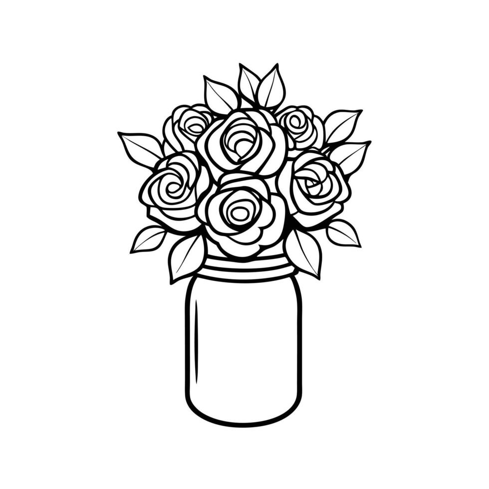 Black and White Line Drawing of a Rose Bouquet in a Mason Jar Vase vector