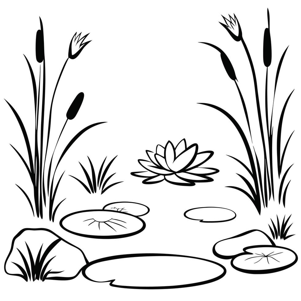 Tranquil Pond Sketch Simple Black and White Landscape Drawing vector