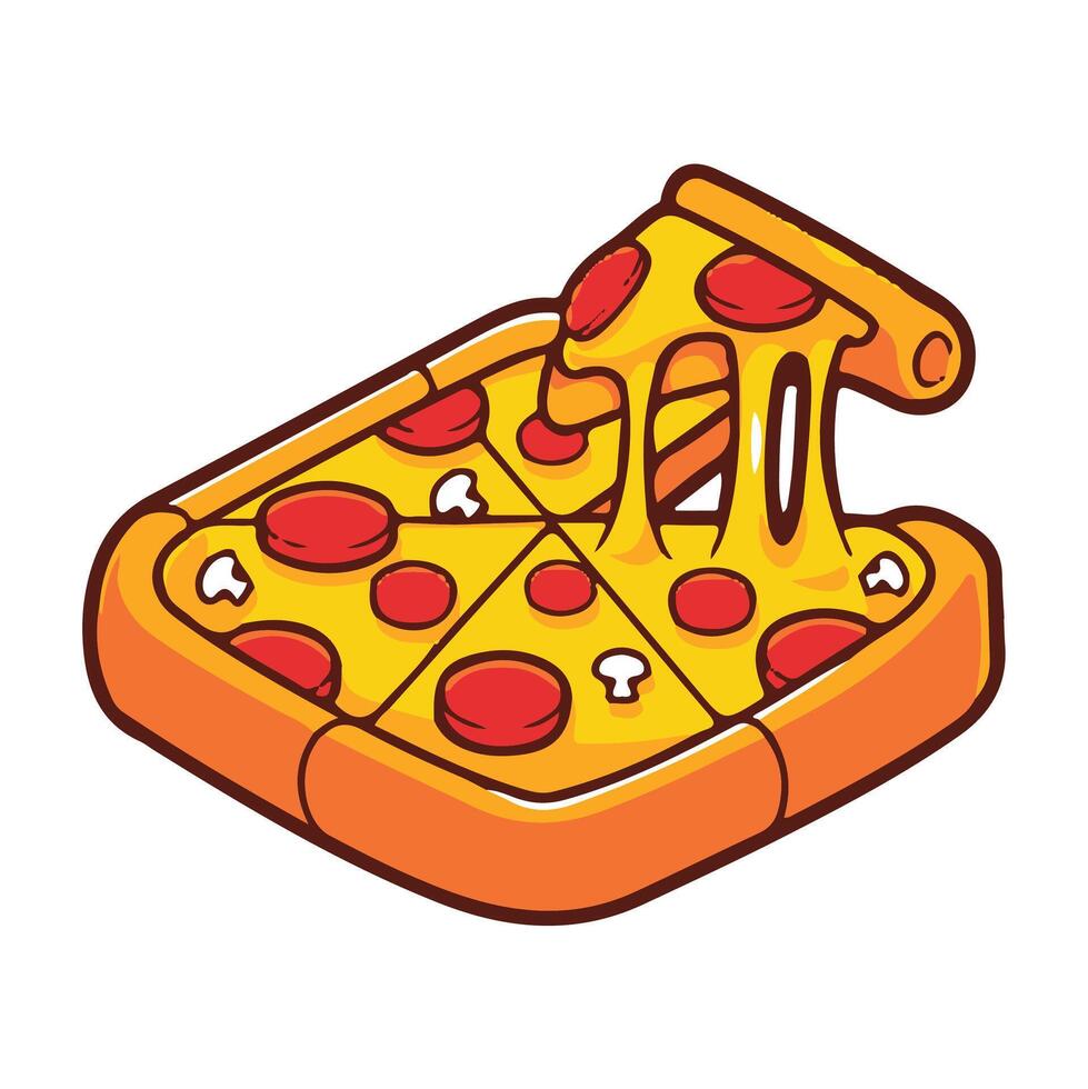 One slice is being pulled away, revealing stretchy cheese. vector