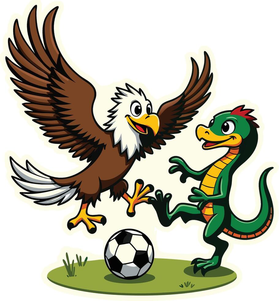 An eagle and lizard playing soccer stock photo vector