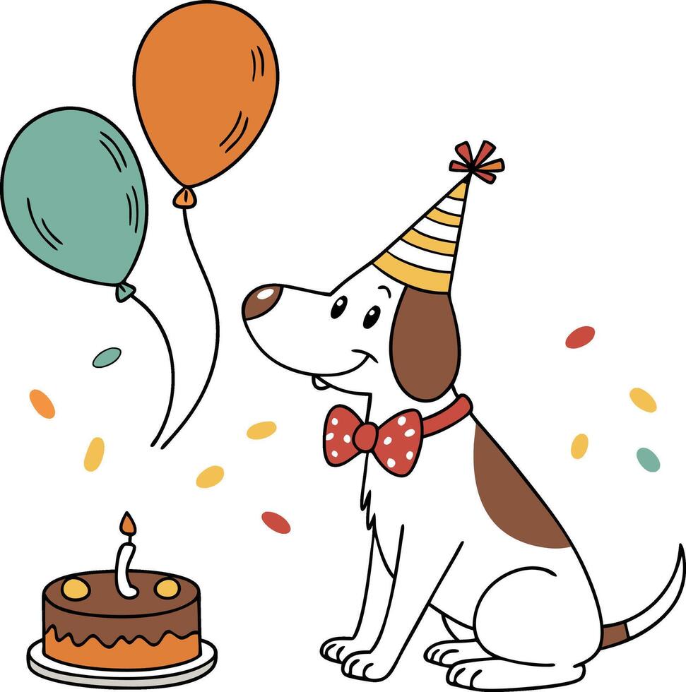 A dog with a birthday hat and balloons is sitting next to a cake vector