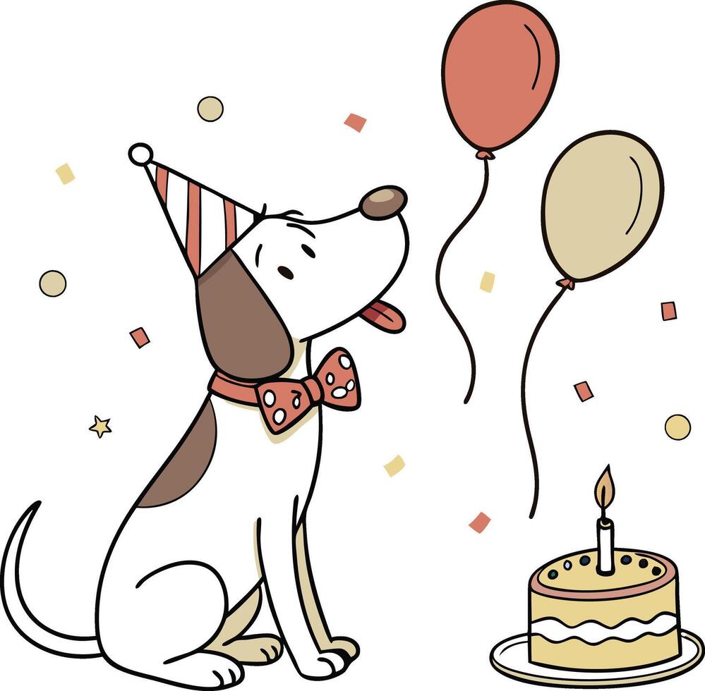 A cartoon dog with a birthday hat and balloons vector