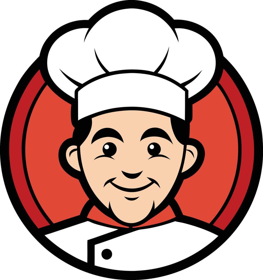 Chef with a toque, embodying culinary expertise, encircled by a vibrant red and black design, perfect for any food-related brand. vector