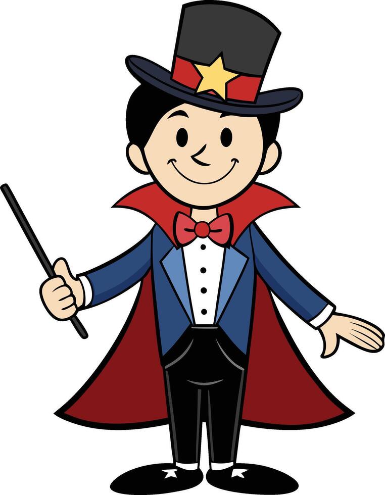 Magician, complete with a top hat, star, wand, and cape, stands ready to bring enchantment and wonder vector