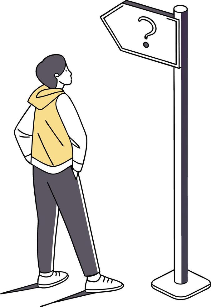 A person standing next to a sign with a question mark vector